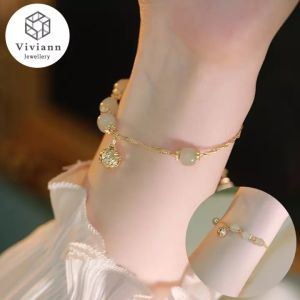 Viviann 18k gold plated Hetian jade bracelet for women Green Agate Jade Crystal Beads Strand Bracelets Women Fine Jewelry Gift