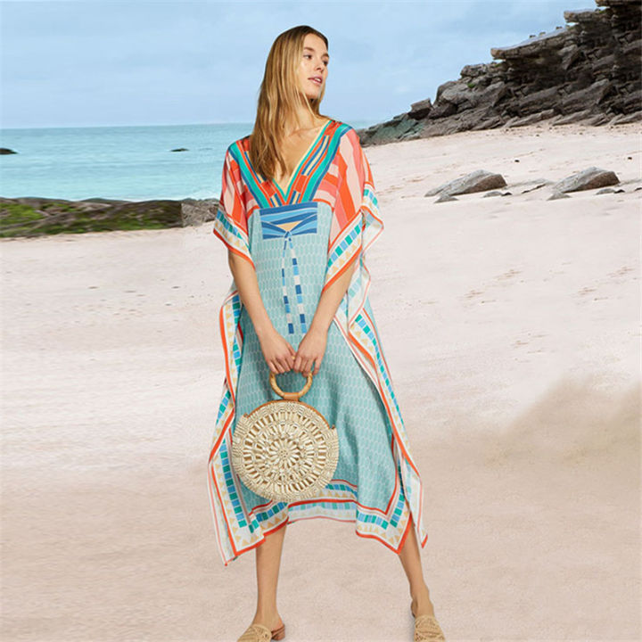 2023 V-neck Printing Kaftan Saida De Praia Pareo Beach Tunic