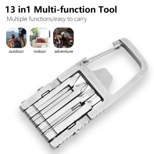 13 In 1 Alat Luar Ruangan Carabiner Klip Carabiner Pembuka Botol Gantungan Kunci Cincin Panjat Aksesori Stainless Steel Multifungsi Berkemah di luar ruangan dan memancing obeng lipat obeng terbuka berkemah