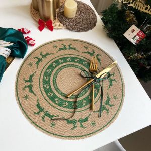 DOUCAI Round Christmas Placemat Vintage Jute Coaster Santa Snowflakes Retro Tableware Mat Dinning Table