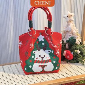[COD] CHENJ กระเป๋าถักลายการ์ตูนกวางเรนเดียร์ซานตาคลอสสำหรับผู้หญิงกระเป๋าถือแบบพกพาความจุขนาดใหญ่กระเป๋าของขวัญคริสต์มาส