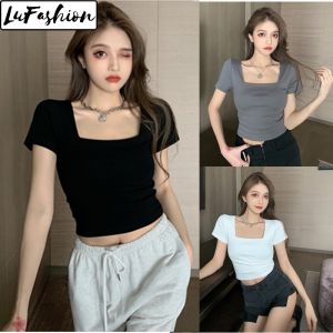 LuFashion Crop Top for Women Summer Slim Short Sleeve Square Neck Casual T-Shirts