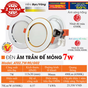 ( Bảo Hành 2 Năm )ĐÈN LED DOWNLIGHT ÂM TRẦN 7W -9W Phi 90( Viền Vàng ) ( Viền Bạc ) ( ĐẾ MỎNG ) ĐỔI MÀU ( Nguồn Liền )Siêu Sáng Tiết Kiệm Điện