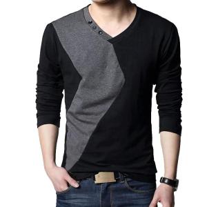 BROWON Brand Autumn Mens T Shirts Fashion 2026 Streetwear Long Sleeve V Neck Color Patchwork Cotton T Shirt Men2026