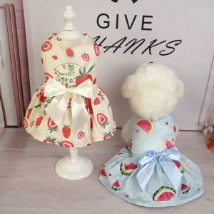 SWEET ELVES Breathable Dog Fruit Print Dress Cute Soft Pet Princess Dress Cartoon Sleeveless Pet Bowknot Skirt Summer