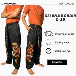 Celana Pakaian Silat Bordir C-35 Motif Naga Macan Harimau Hitam Tebal Ukuran Standart Sampai Jumbo