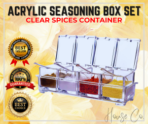 Best Seller 4-PIECE ACRYLIC SEASONING BOX SET | Clear Spices Box Container for Salt Pepper Sugar etc. | Seasoning Storage Container with Cover and Spoon | Transparent Seasoning Rack Pots | Multipurpose Spice Jars | 4-Piece Acrylic Pot | Condiments Jar.