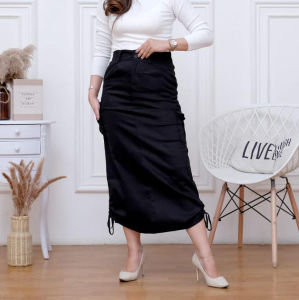 Cargo Skirt - Rok Kargo Serut Wanita Pocket Long Skirt Maxi Panjang