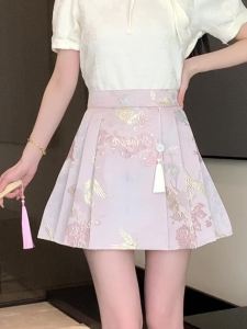 Ammin váy xếp ly thêu dệt hoa Trung Quốc Mới Mùa Xuân/Mùa Hè 2024 cho nữ phong cách trung quốc cao thắt lưng thiết kế Tua Chân Váy Ngắn Chữ A chống trượt