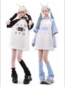 Áo thun in họa tiết xanh cổ tròn tay ngắn phong cách mỏ Nhật Bản Yabi Y2K cho phụ nữ mùa hè