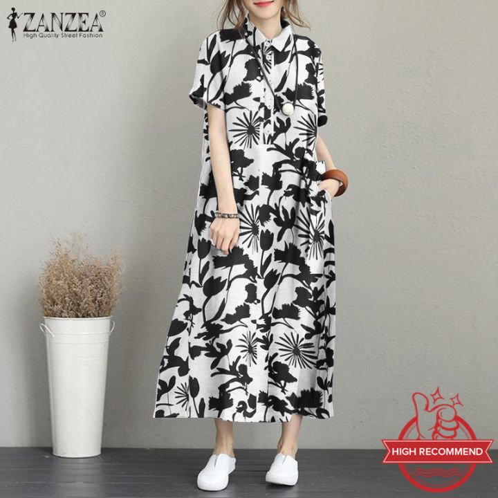 ZANZEA Women Summer Short Sleeve Baggy Long Dress Floral Printed Maxi Shirt  Dresses Lazada