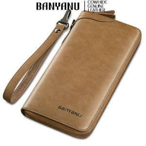 Banyanu ธุรกิจหนังวัวแท้กระเป๋าสตางค์ผู้ชายซิปสมาร์ทโทรศัพท์กระเป๋าคลัทช์ยาวสำหรับผู้ชาย