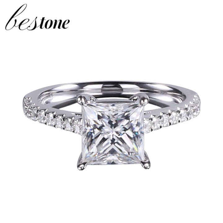 Bestone Princess Square Four Claw 18K White Gold Moissanite Ring Girl