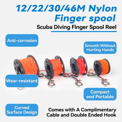 15M-45M Diving Finger Spool High Visibility Nylon Line with Stainless Steel Double End Snap Clip Anti-Tangle Dive Reel for SMB Surface Marker Buoy Cave Wreck Diving Safety Guide Line