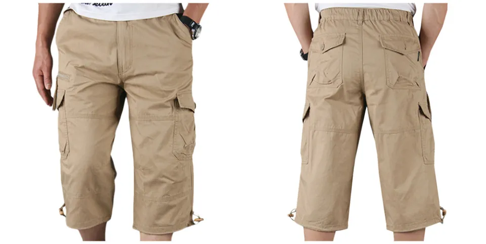Mens 3/4 Long Length Shorts Elasticated Waist Cargo Combat Three Quarter  Pants