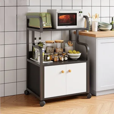 3-Layer Kitchen Rack Household Microwave Stove Shelf Floor Stand Storage Tool Pot Storage Racks Pulley Kitchen Island Table