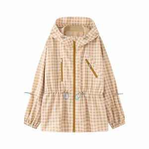 Women Plaid Hooded Drawstring Waist Cinching Jacket Women Loose Long Sleeve Zipper Jackets Fashion Female Street Outwear2026