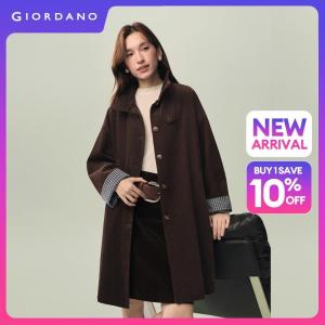 GIORDANO Women Coats Stand Collar Plaid Cuff Corduroy Coats Drop Shoulder Fashionable Casual Mid-Length Coats 18376611