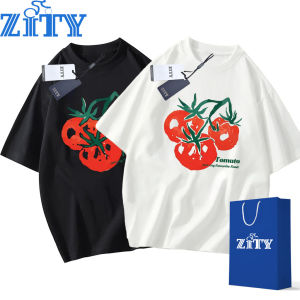 ZITY เสื้อยืดคอกลมสีดำผู้ชาย T shirt men เสื้อ cotton 100% oversize ทั้งชายหญิง เสื้อยืดคู่รัก ด้านหน้ามีลาย “Three Tomatos”  สไตล์อเมริกันย้อนยุค ใส่สบาย ขายดี 2025