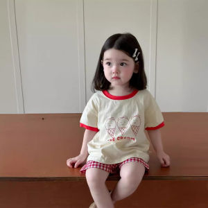 Summer short-sleeve set for boys and girls thin Korean-style childrens clothing childrens plaid shorts two-piece set baby summer outfit