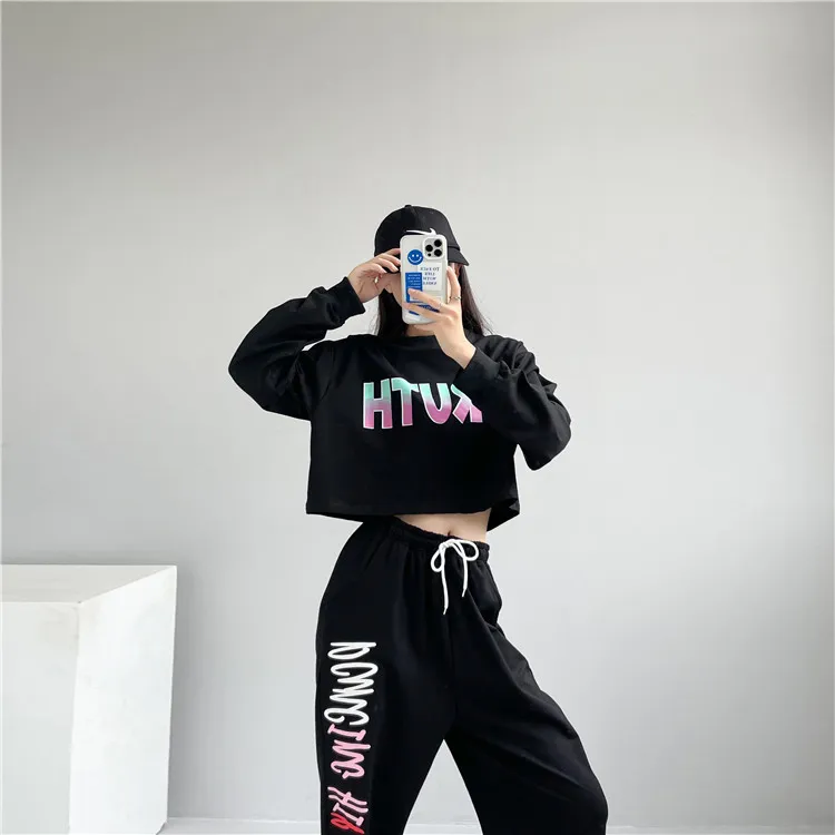 Girls Ballroom Hip Hop Dance Clothes Crop Tops Loose Pants Jazz