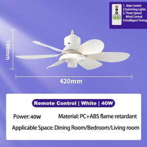 40W Ceiling Fan with LED Light E27 Socket Fan Light 20 inch Ceiling Fan Inverter with Remote 6 Blades Wall Fan Electric Cooling Fan Hanging Fan Dimmable LED Bulb for Home Room Kitchen
