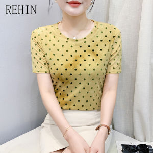 REHIN เปิดไหล่เสื้อยืดคอวี-ฤดูร้อนสีล้วนระบายอากาศเข้ารูปพอดีเสื้อสำหรับผู้หญิง (S-4XL)