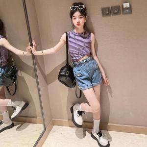 💖Ready Stock💖4-14y Kids Girls Sleeveless Jeans Set (H181) 无袖条纹牛仔裤套装
