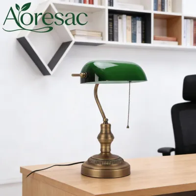 Aoresac Green Glass Bankers Desk Lamp Retro Antique Library Lamp with Pull Chain Switch Plug in Fixture