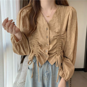 Yoohui ZZ063 Kemeja korea blouse wanita pakaian Crinkle Oversize Depan Shirt Lengan Panjang crop Top