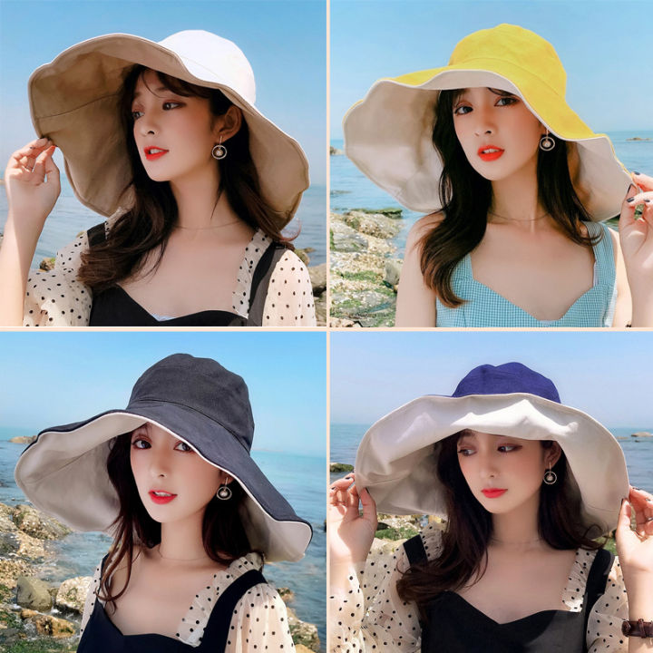 หมวกบัคเก็ตปีกกว้าง สไตล์เกาหลี ใส่ได้ 2 ด้าน