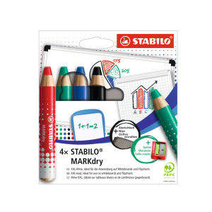 4x STABILO MARKdry for whiteboard - Red Green Blue & Black Safe & Non-Toxic