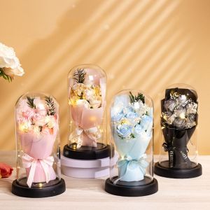 UMBRAULI LED Light Rose Eternal Flowers Acrylic Dome Realistic Starry Sky Bouquet Lovely Christmas New Year Simulation Flower Wedding