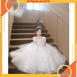 Đầm công chúa bé gái thiết kế cao cấp cho bé đi dự tiệc phù dâu sinh nhật tùng dài trắng tay bồng DBG125