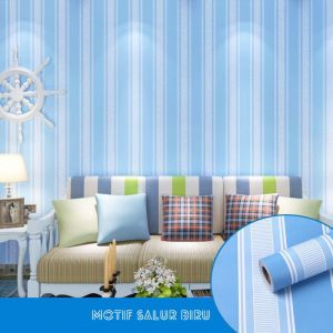 Wallpaper Sticker Dinding Tembok GARIS BIRU PUTIH WPS599 Stiker Lemari Kamar Tidur Ruang Tamu