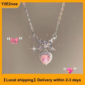 【Local shipping】 Zircon Bowknot Heart Pendant Necklaces Pink Heart Ladies Girls Fashion Elegant Clavicle Chain For Women Jewelry