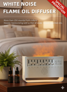 [SG Stock] 4-in-1 Flame Air Humidifier | White Noise Sleep Music Speaker | 3D Simulation Fire Essential Oil Diffuser | 7 Nature Sounds & Timer