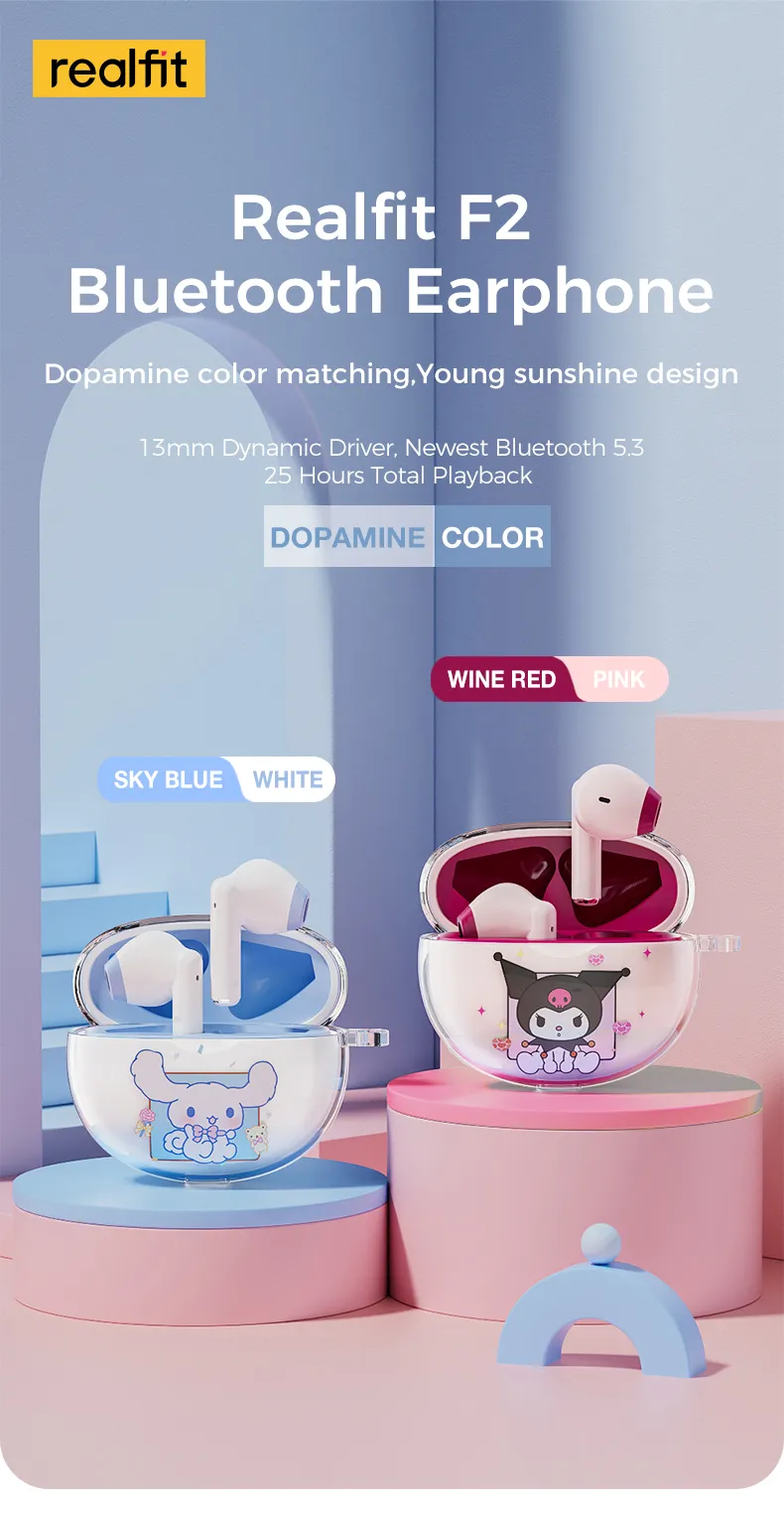 realfit F2 หูฟังบลูทูธเบสที่ยอดเยี่ยมหูฟังไร้สายพร้อมไมโครโฟน 5H เล่นยาวสไตล์เดียวกันกับ Bass หูฟัง Lenovo LP40 Pro