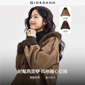 GIORDANO Women Jackets Reversible Suedette Fleece-Lined Warm Jackets Zip Front Fashion Casual Windproof Hoodie Jackets 18374616
