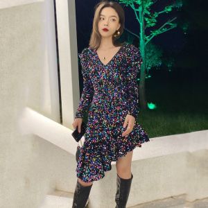 Korean Black Colorful Irregular Sequins Fishtail Banquet Prom Party Dress 22㏇X0413