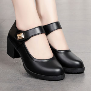 New School Shoes Comfortable Breathable Black Shoes for Women Soft Leather Shoes with Medium Heels Footwear Walking Shoes High Heels Girl Stylish