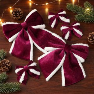 OOG Delicate Christmas Velvet Bow Classic Hanging Christmas Wreath Bow-knot Multipurpose Plush White Trim Xmas Bow-knot Ornament Window