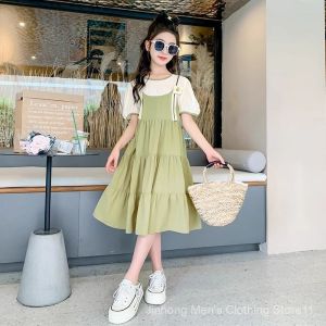 Kids Girls Summer Dress  Fake Two-Piece Dress 2025 New Childrens Clothing Trendy Princess Casual Skirts Dresses Students Dress for Girls