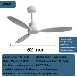 52-inch ceiling fan light solid wood white fan large ceiling fan with remote control six-speed DC motor with forward and reverse rotation suitable for living rooms dining rooms bedrooms etc.
