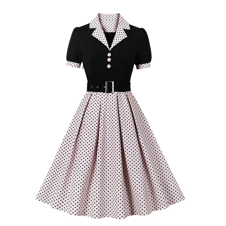 2025 new fashion polka dot vintage pleated dresses r hollow collar