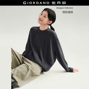 GIORDANO Women T-Shirts Seam Detail Dralon Fleece Tee Mock Neck Long Sleeve Fashionable Casual Loose T-Shirts 18326241