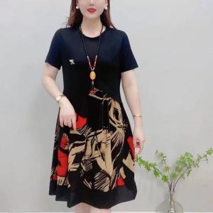 Dresses for Women Printed Short-sleeve Dress A-line Long Skirts