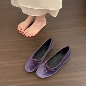 Free Shipping Retro Velvet Ballet Flats WomenS Shoes 2026 New Style Shallow Toe Perfect With Dresses With A Bow Detail