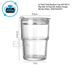 Ly Thuỷ Tinh Bamboo Cup 400 ML Phong Cách Ý Có Nắp Đậy Và Ống Hút Thuỷ Tinh Sang Trọng