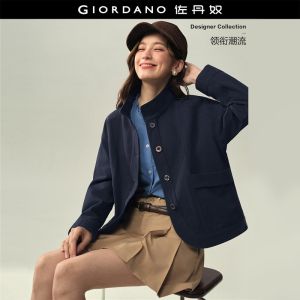 GIORDANO Women Jackets 100% Cotton Stand Collar Twill Jackets Novelty Buttons Fashionable Casual Relaxed Jackets 18376510